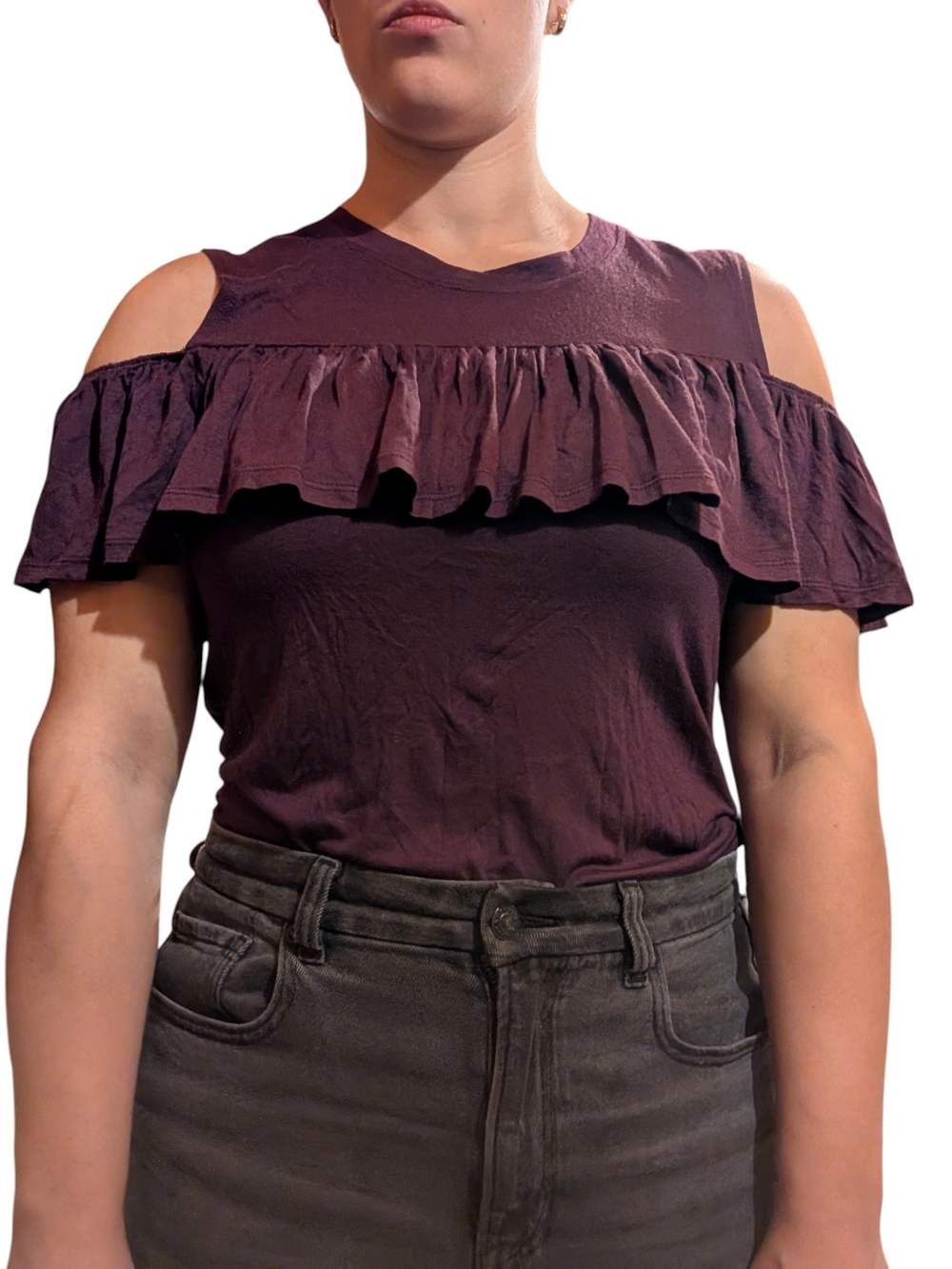 Urban Heritage Cold-Shoulder Ruffle Crop Top in Plum